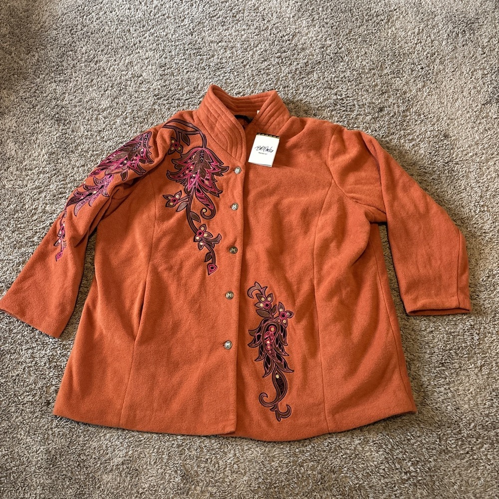 Vintage NWT New Bob Mackie Wearable Art Jacket Orange Coat Floral Fleece Boho 3X
